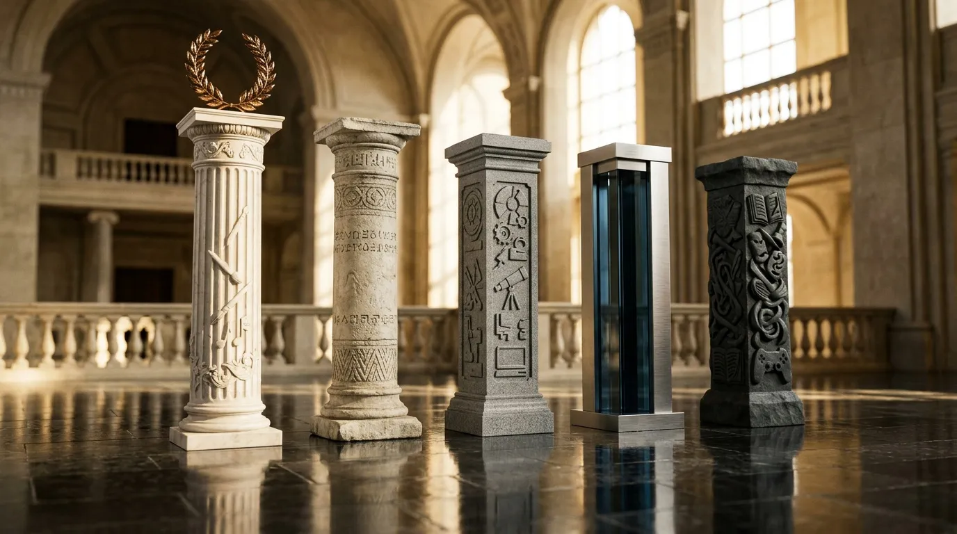 Cinq colonnes de styles architecturaux différents dans un hall majestueux