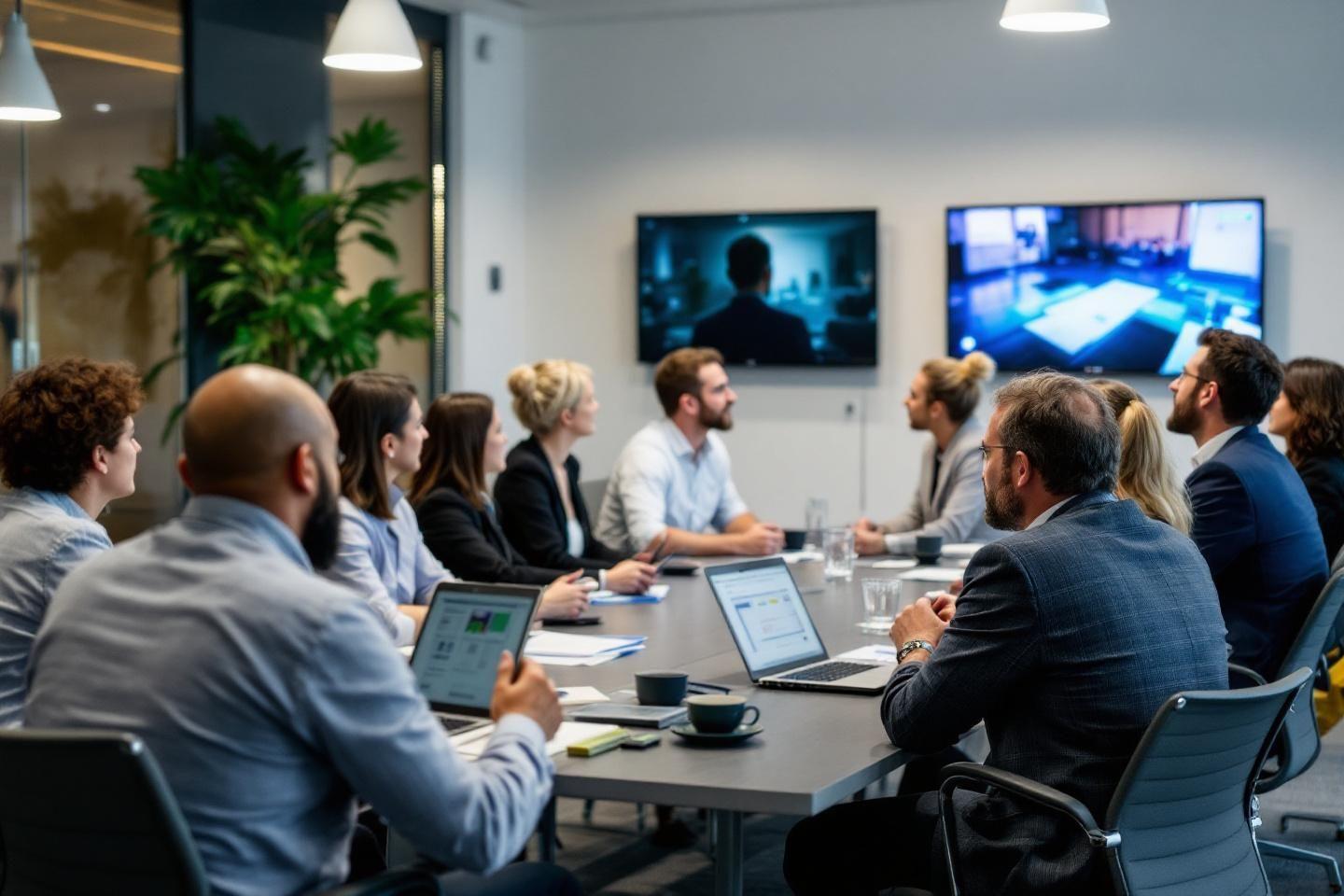 Équipe professionnelle en salle de conférence avec écrans et ordinateurs