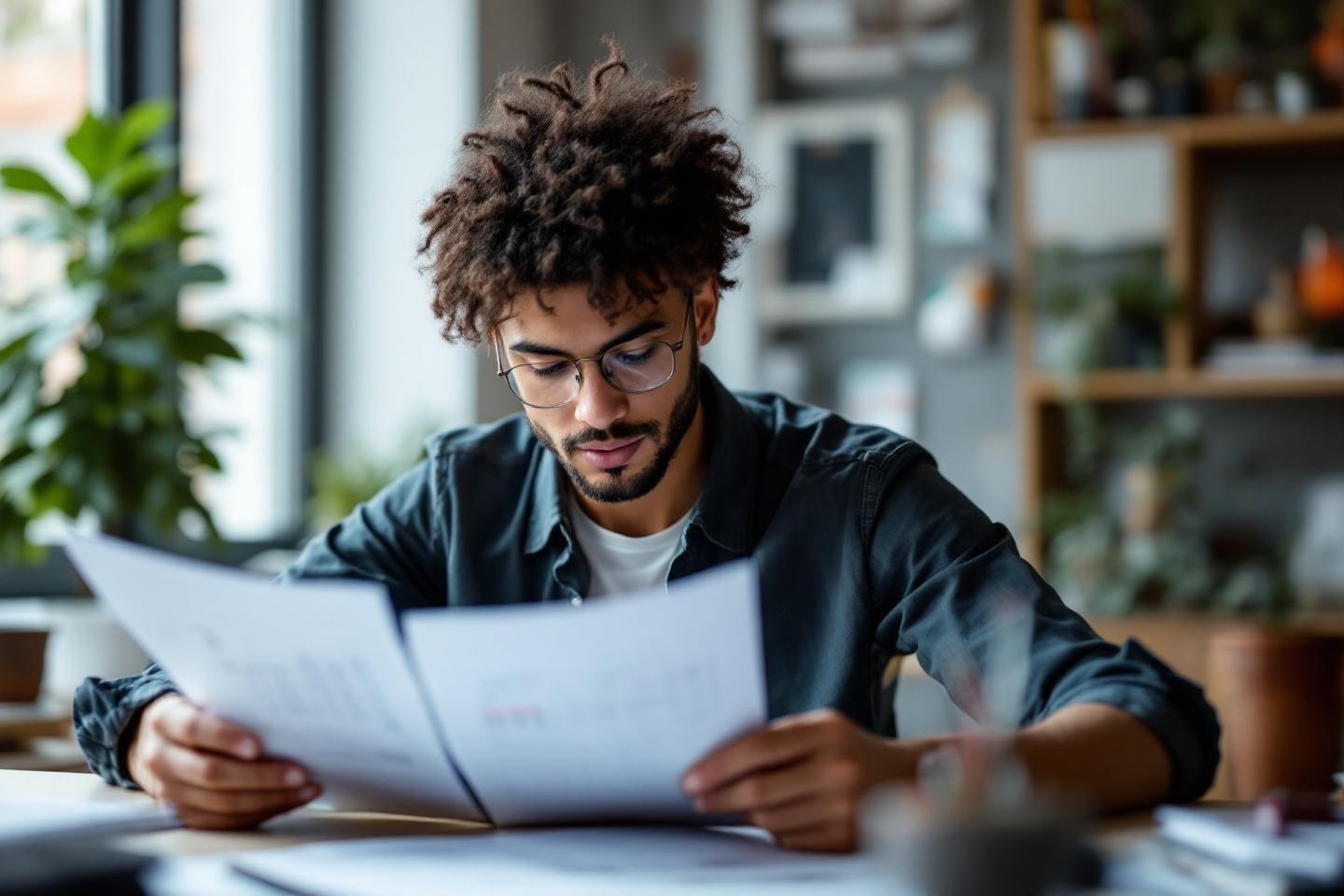 Jeune homme travaillant attentivement sur des papiers dans un bureau lumineux