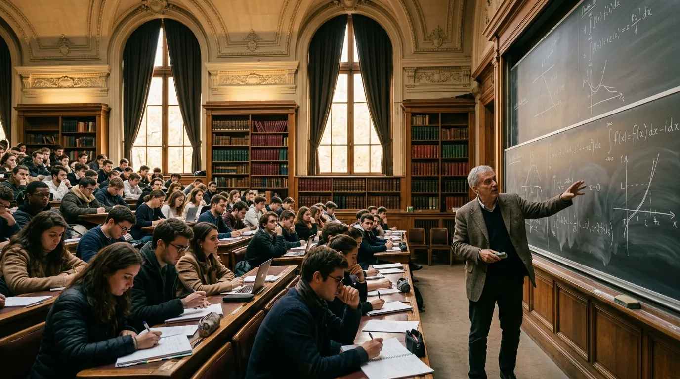 Professeur expliquant des &eacute;quations math&eacute;matiques &agrave; des &eacute;tudiants assis.