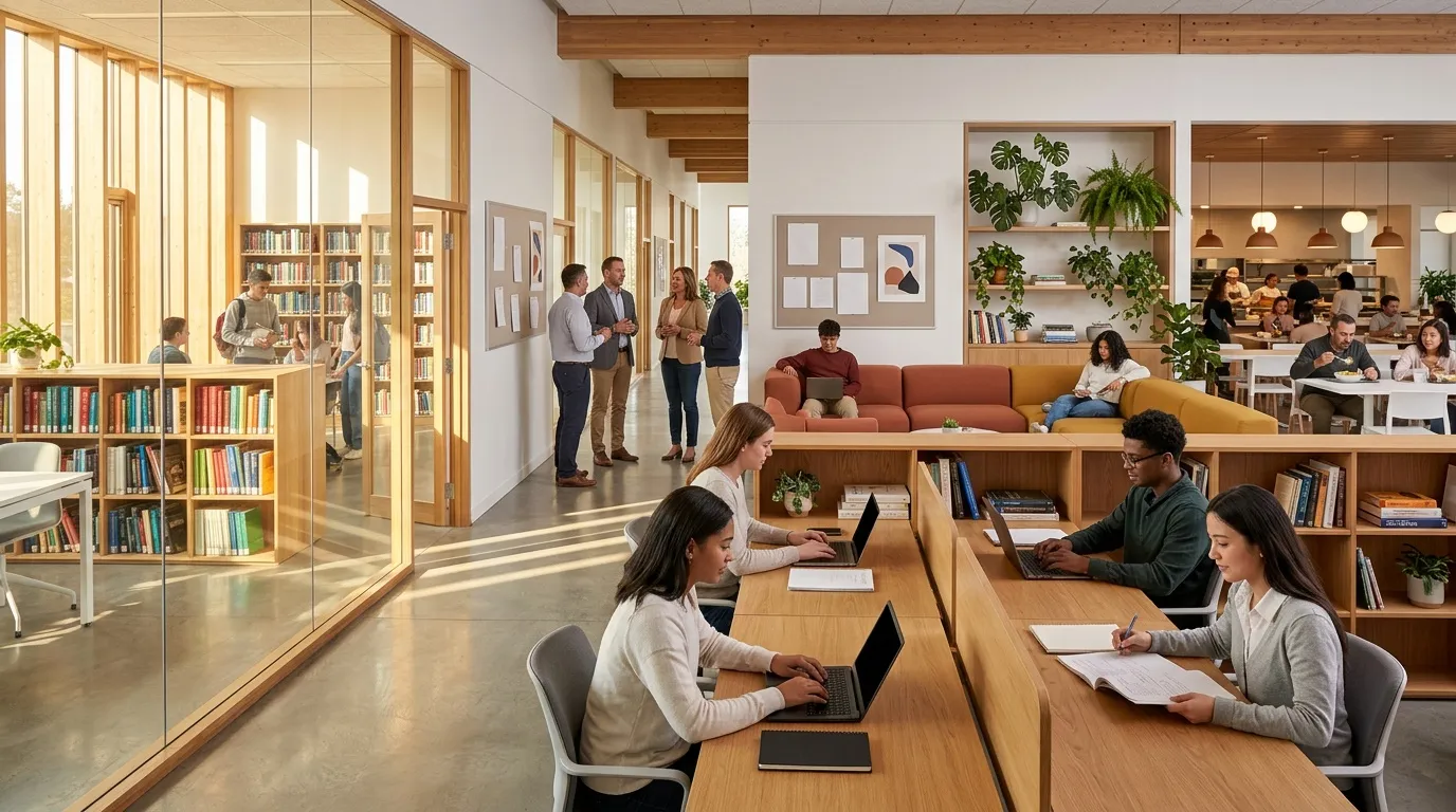 Biblioth&egrave;que contemporaine avec employ&eacute;s travaillant et discutant