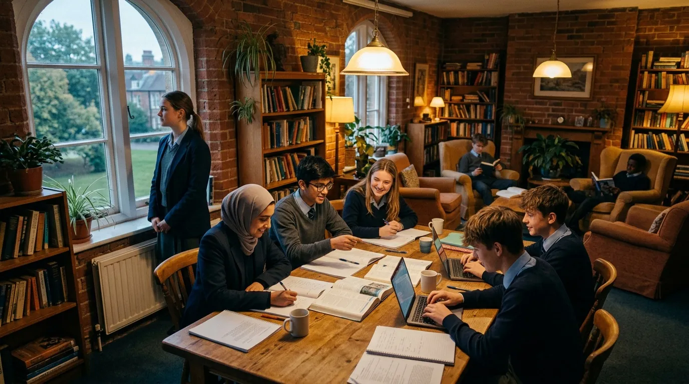 Groupe d'étudiants travaillant ensemble dans une bibliothèque élégante