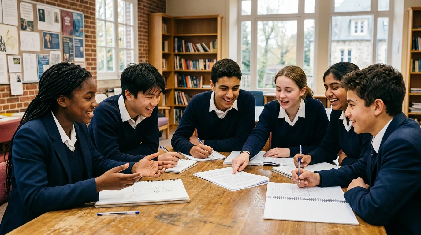 Six élèves en uniforme travaillent ensemble autour d'une table en classe