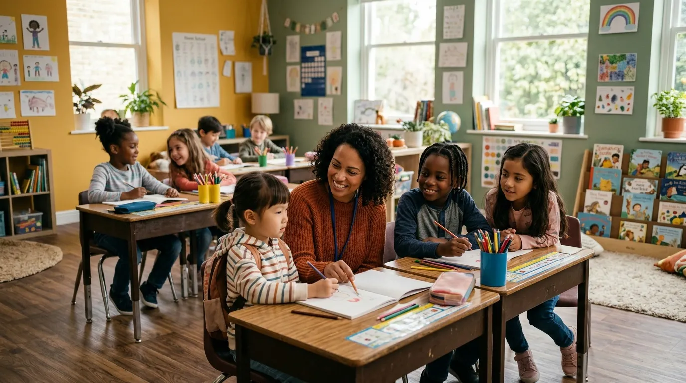 Femme enseignante souriante entourant enfants dessinant en classe color&eacute;e