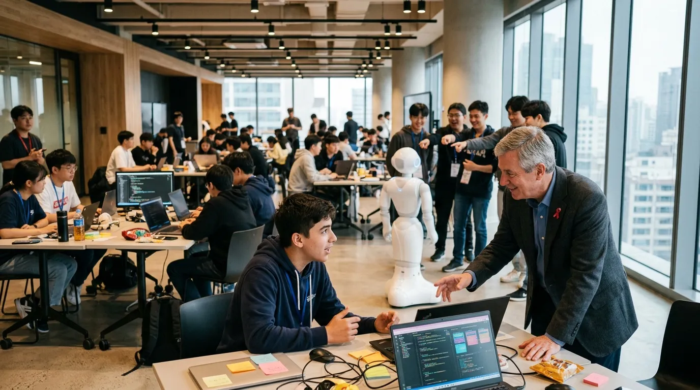 Un homme &acirc;g&eacute; discute avec un jeune d&eacute;veloppeur lors d'un &eacute;v&eacute;nement technologique.