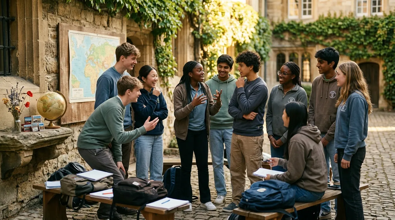 Groupe d'&eacute;tudiants discutant lors d'un cours ext&eacute;rieur