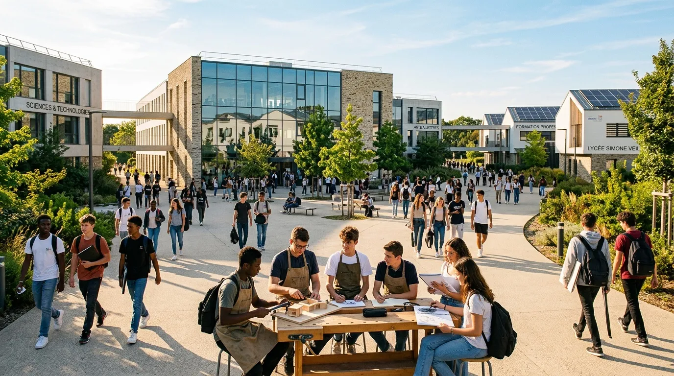 &Eacute;tudiants dans cour &eacute;cole contemporaine avec b&acirc;timents verts