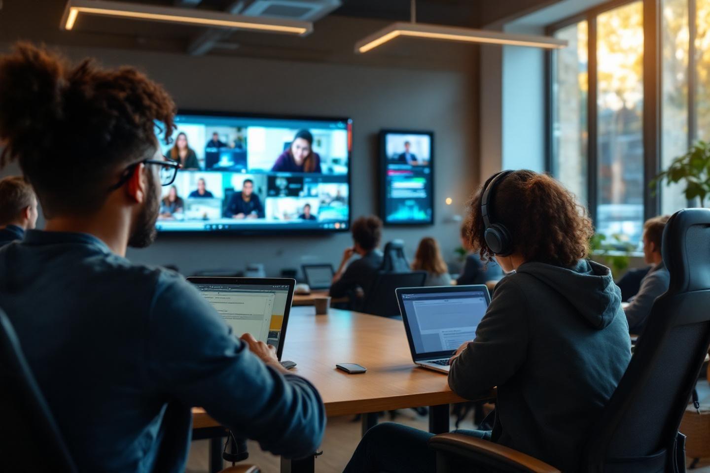 Personnes travaillant ensemble, écrans de vidéoconférence en arrière-plan