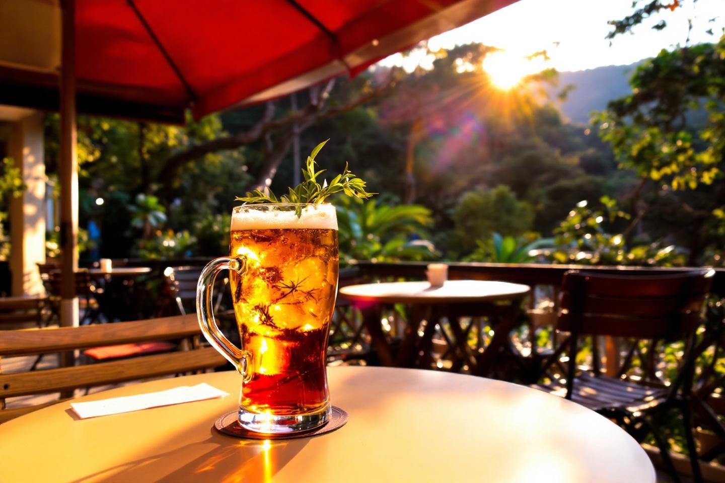 Verre de bi&egrave;re fra&icirc;che sur terrasse avec vue nature