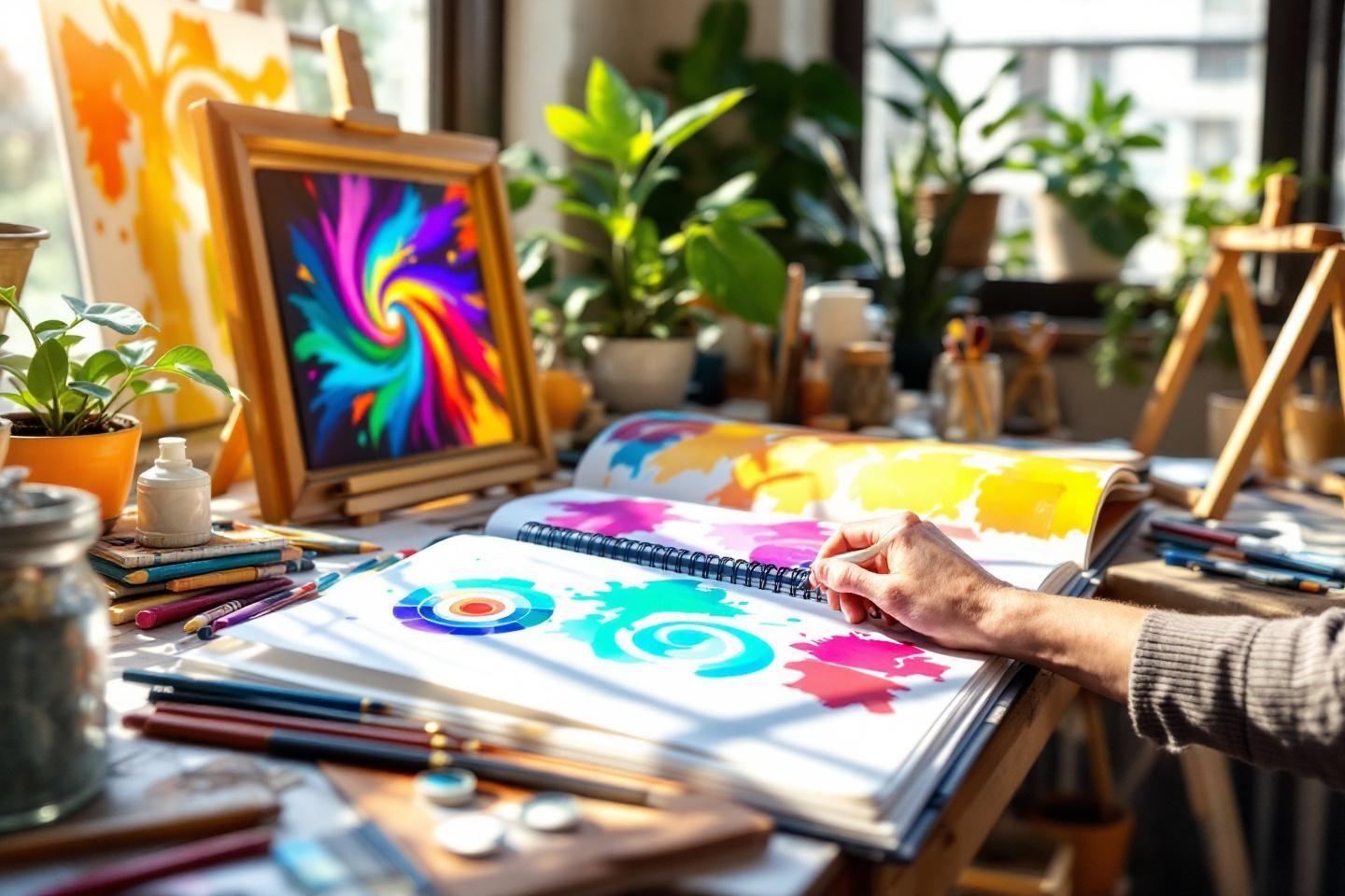 Bureau d'artiste avec peintures, crayons et œuvre abstraite colorée