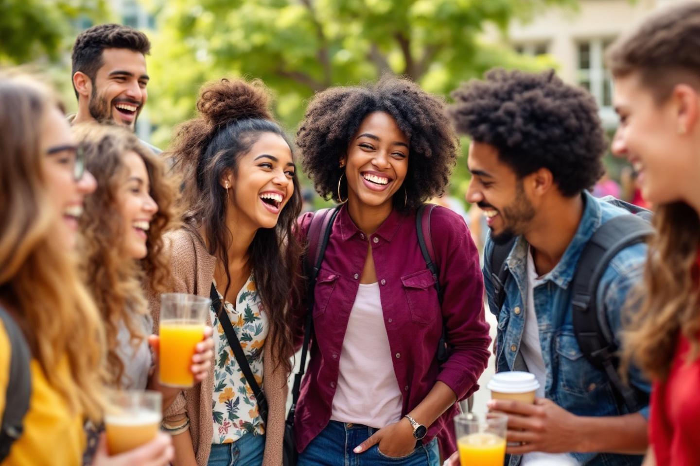 Jeunes amis joyeux partageant un moment convivial à l'extérieur