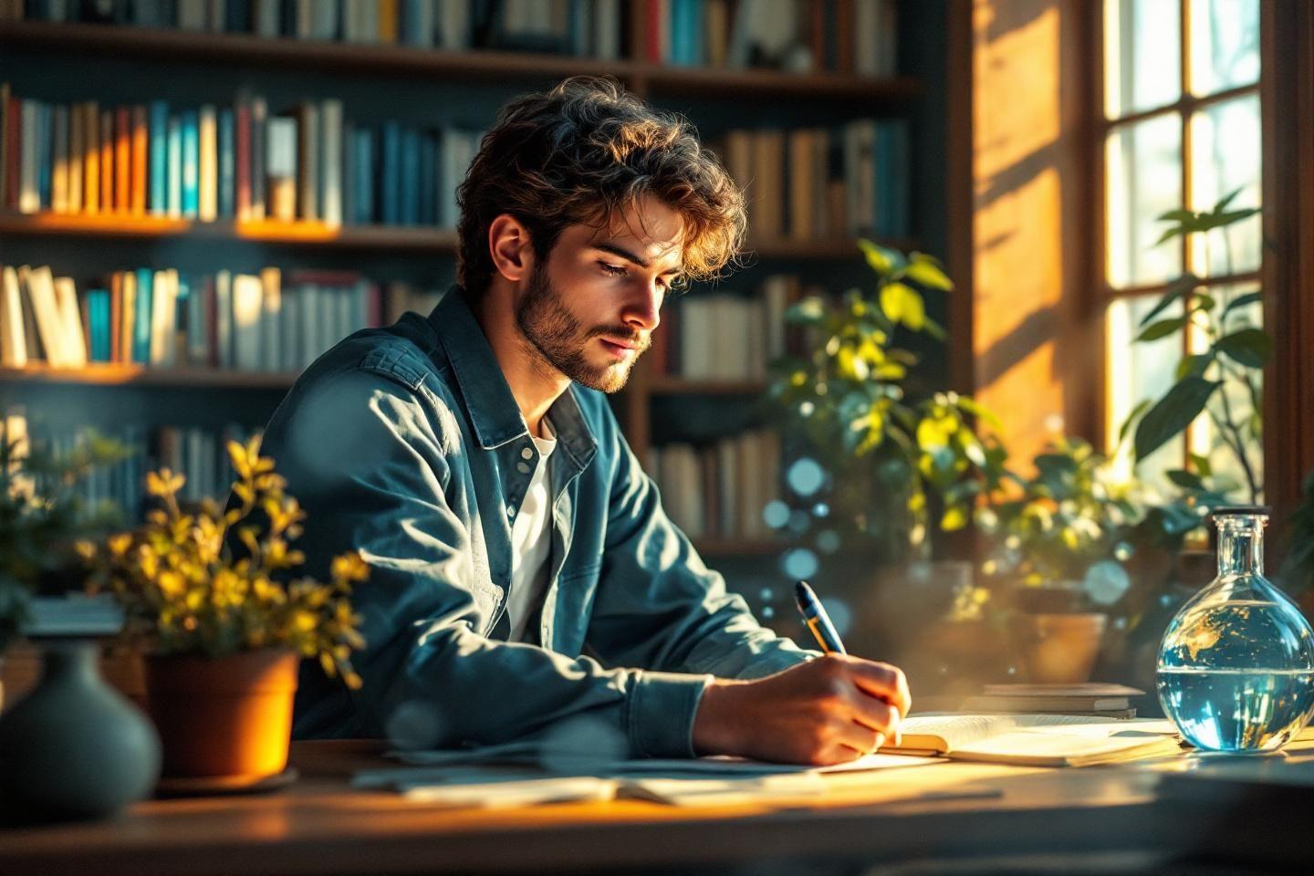 Homme &eacute;crivant pr&egrave;s d'une fen&ecirc;tre, entour&eacute; de livres et plantes