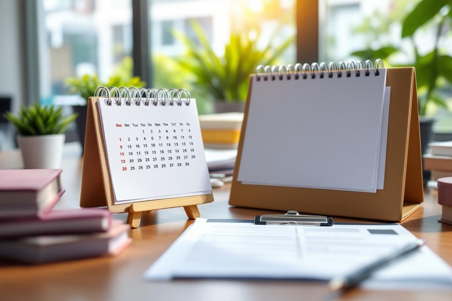 Calendriers de bureau, clipboard et plantes vertes sur table en bois