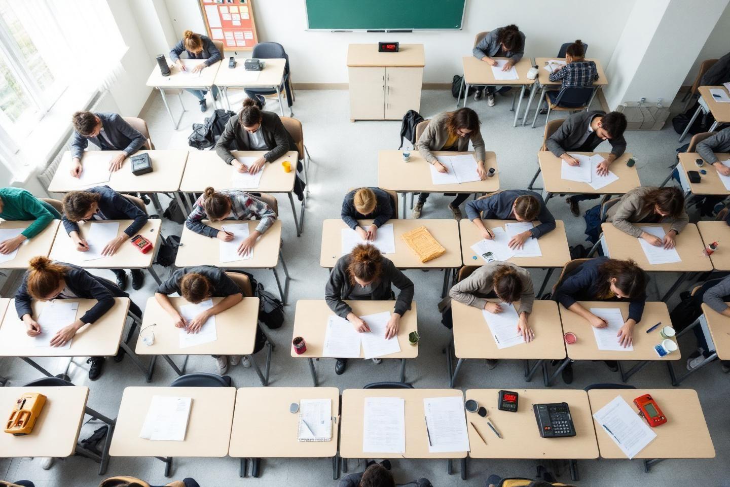 Vue de haut d'étudiants concentrés travaillant à leurs bureaux