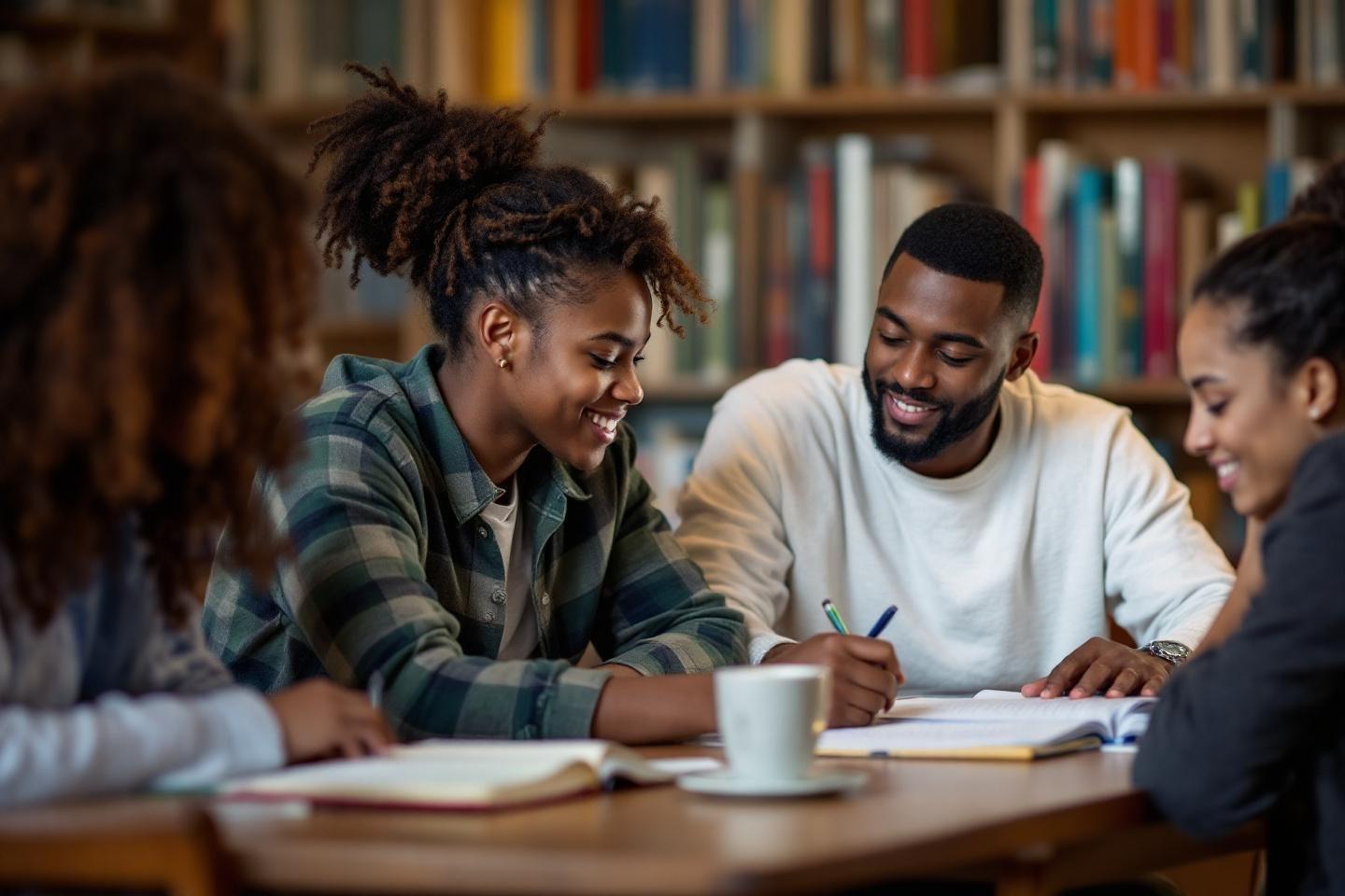 Groupe d'&eacute;tudiants souriants travaillant sur des documents