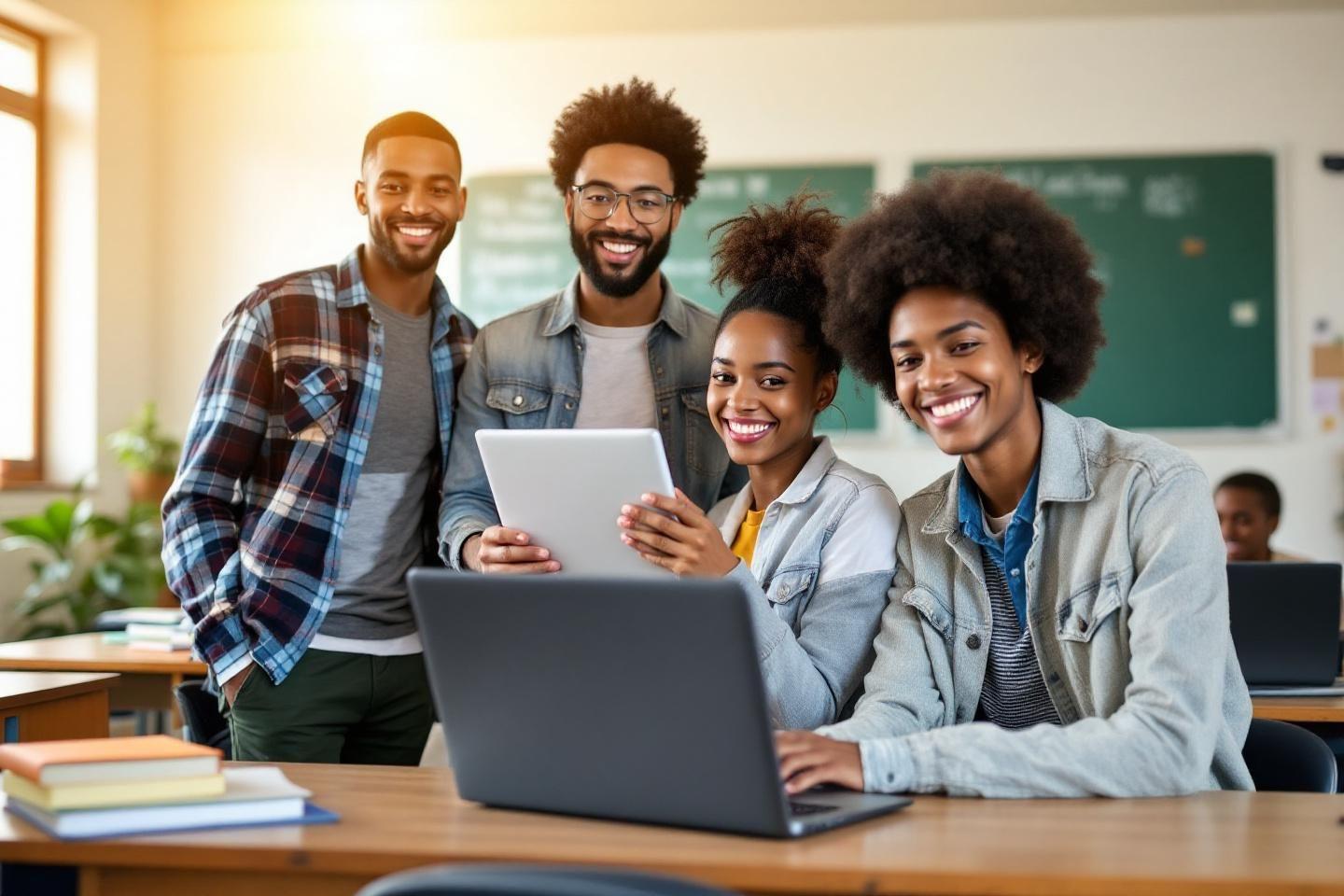 Groupe d'&eacute;tudiants souriants travaillant ensemble sur un ordinateur portable