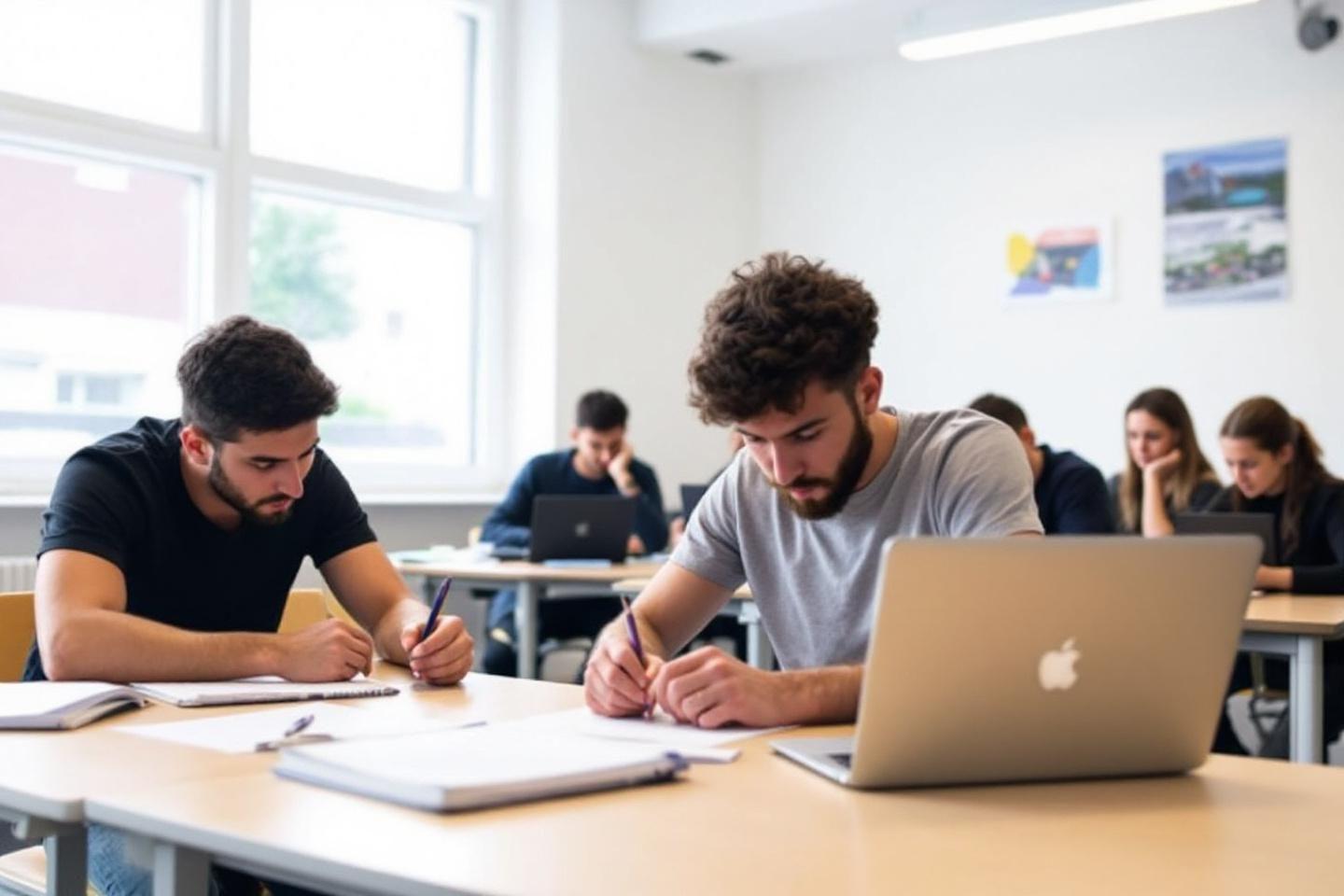 Deux étudiants écrivant à des bureaux avec ordinateurs portables