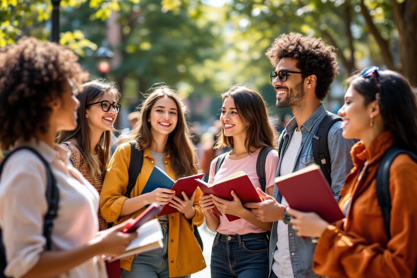 Groupe d'étudiants souriant tenant des livres en plein air