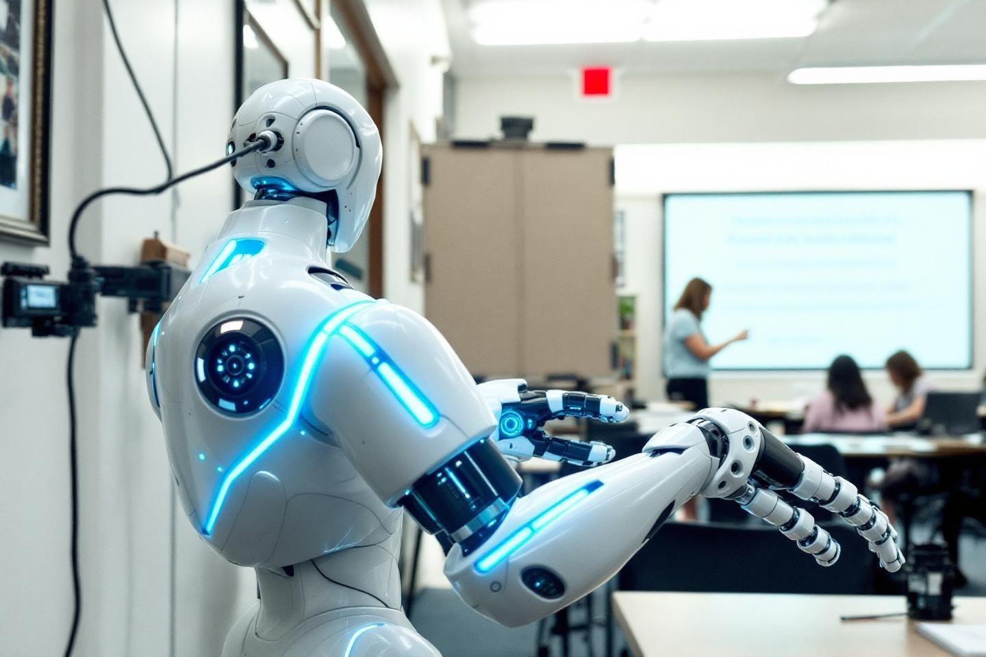 Robot blanc et bleu lumineux observant une salle de cours