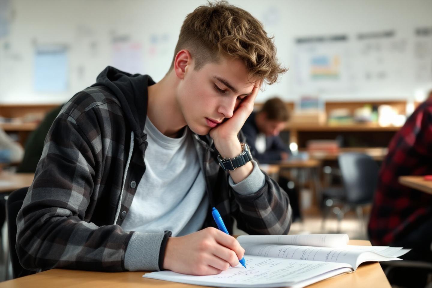 Jeune homme épuisé écrivant dans un cahier en classe