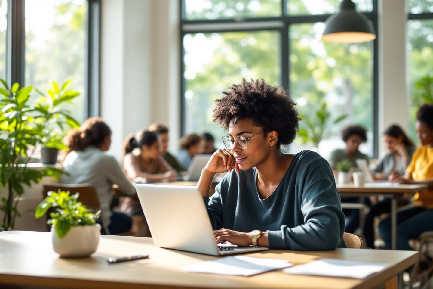 Femme à lunettes utilisant un ordinateur portable dans un espace de coworking