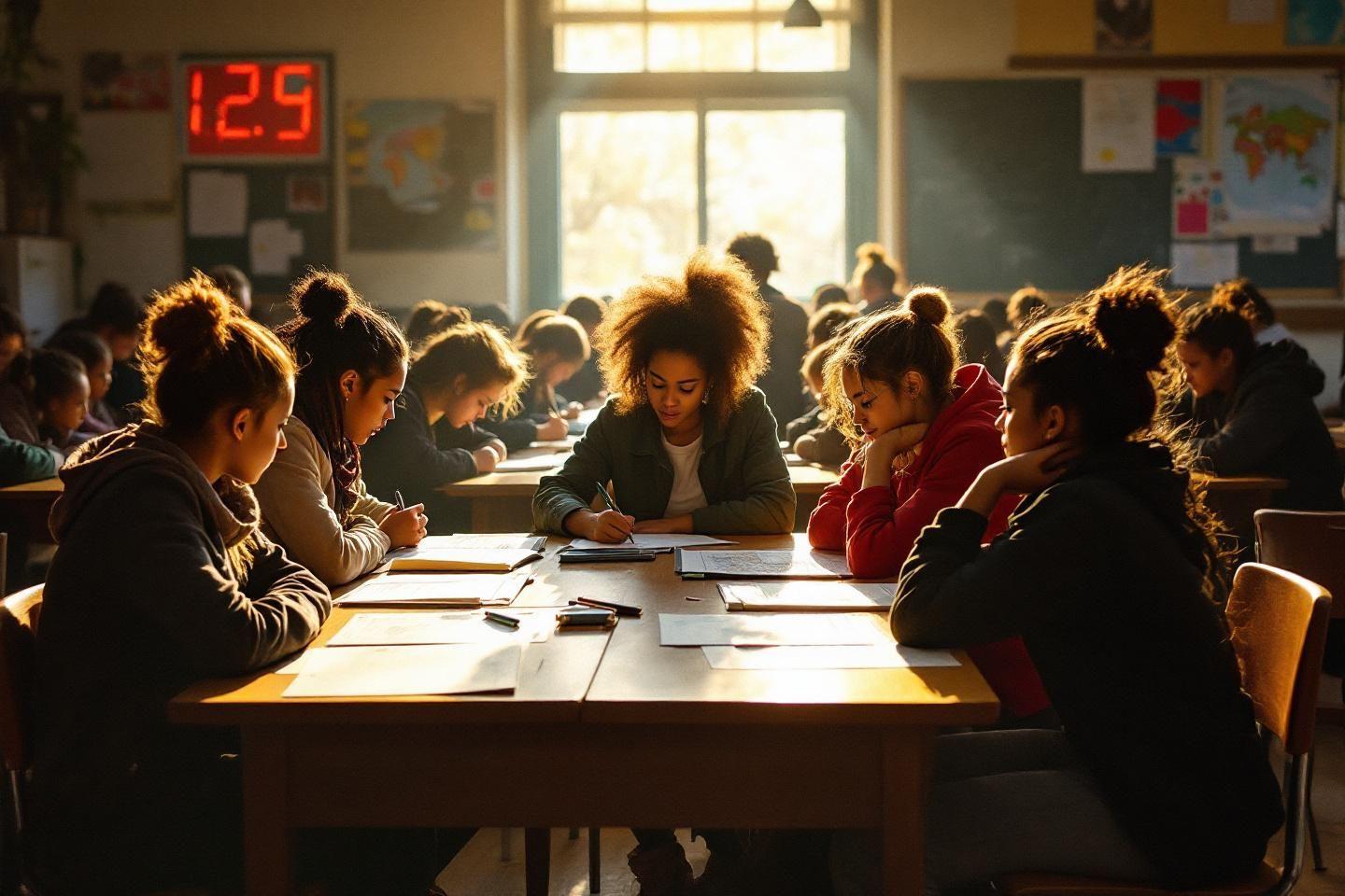 &Eacute;l&egrave;ves concentr&eacute;s travaillant &agrave; une table en classe