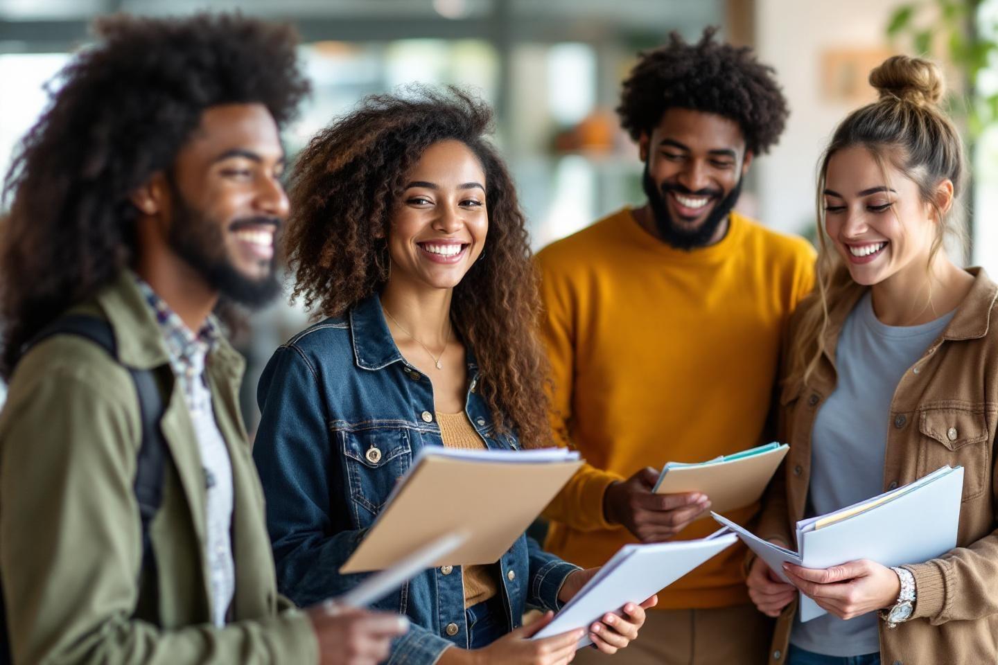 Quatre jeunes souriants tenant des documents dans un bureau