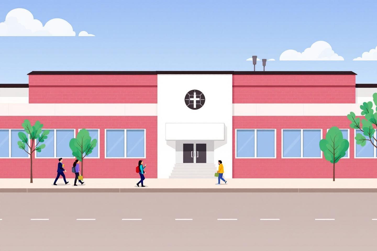 Bâtiment scolaire rose et blanc avec quatre personnes à proximité