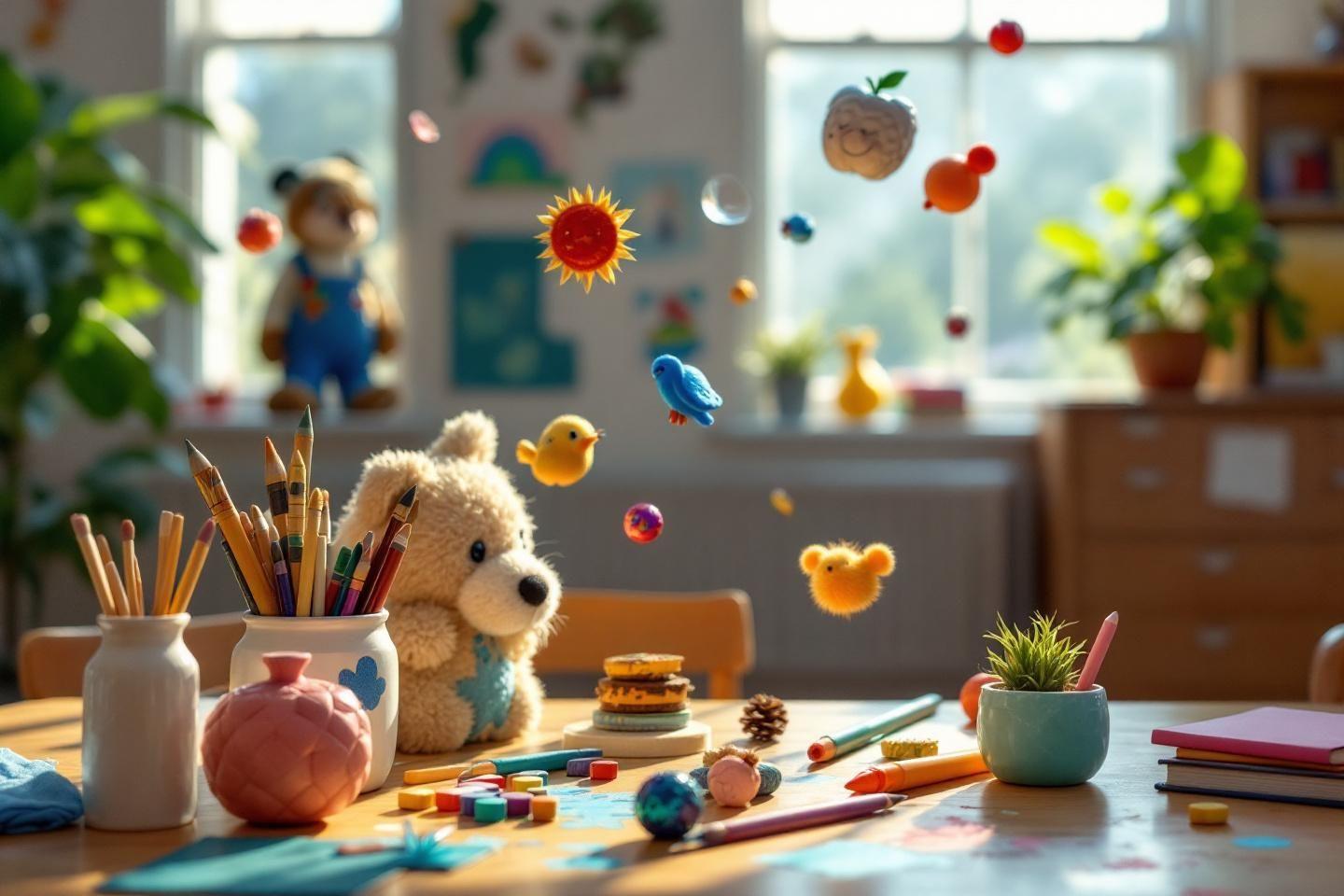 Table d'artisanat avec jouets, couleurs et objets flottants magiques