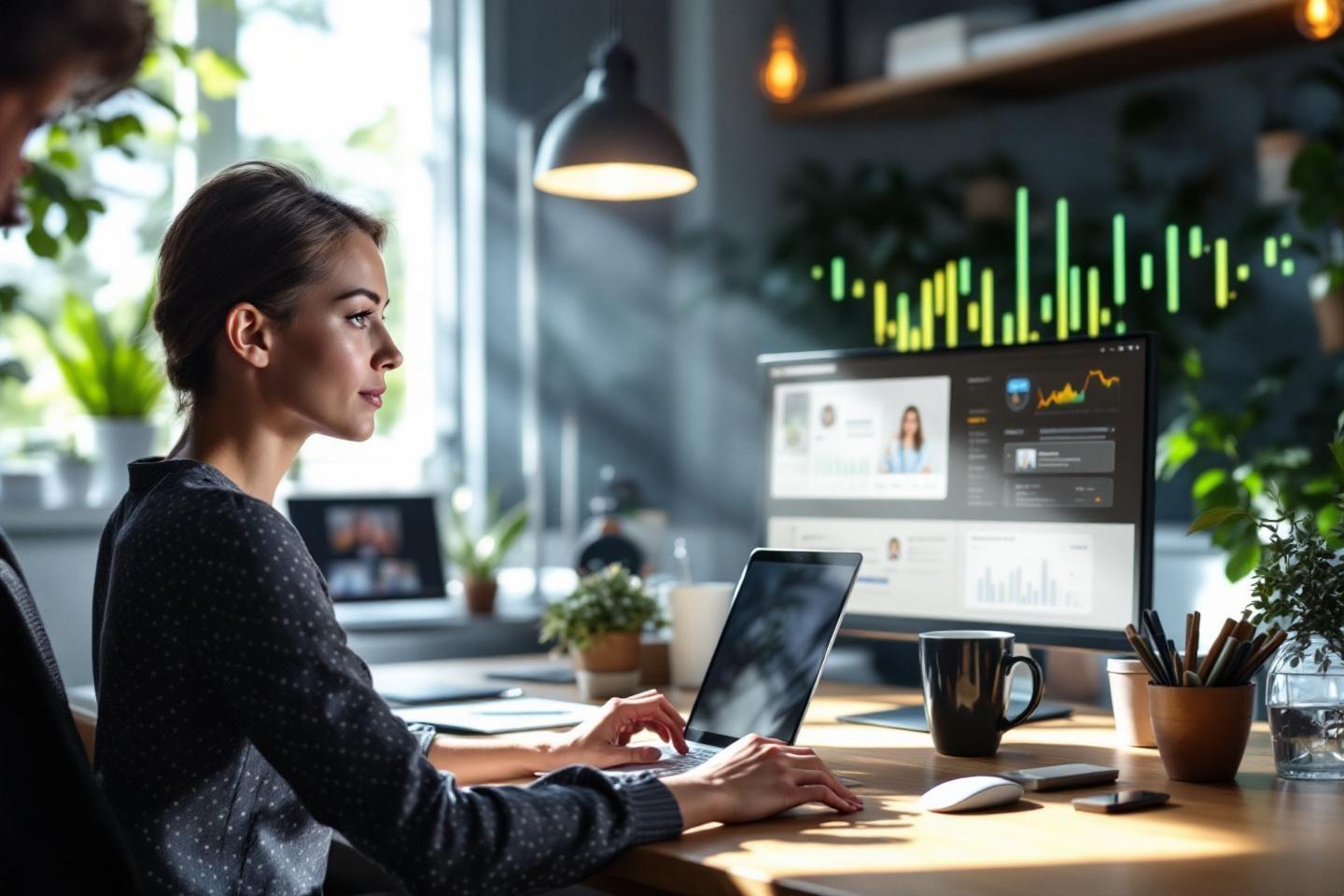 Professionnelle concentrée devant des écrans avec graphiques financiers