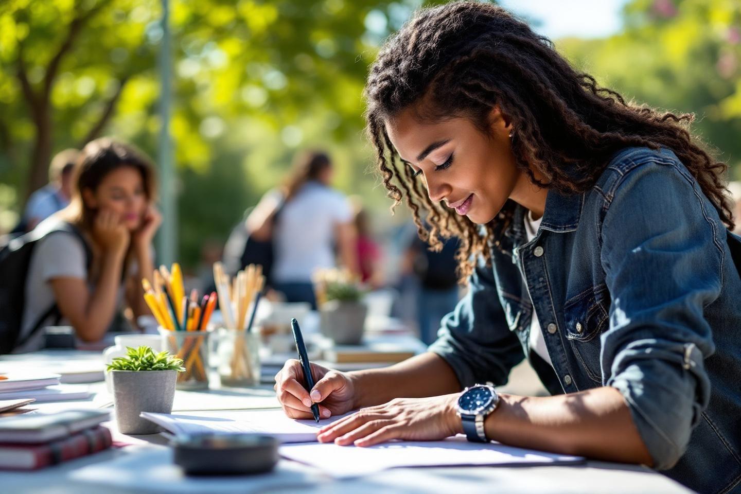 Jeune femme concentr&eacute;e &eacute;crivant dans un environnement ensoleill&eacute;