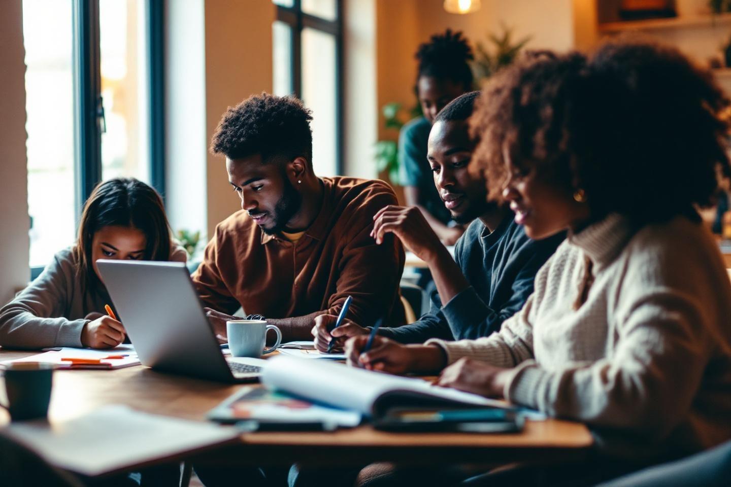 Groupe d'étudiants collaborant autour d'un ordinateur portable