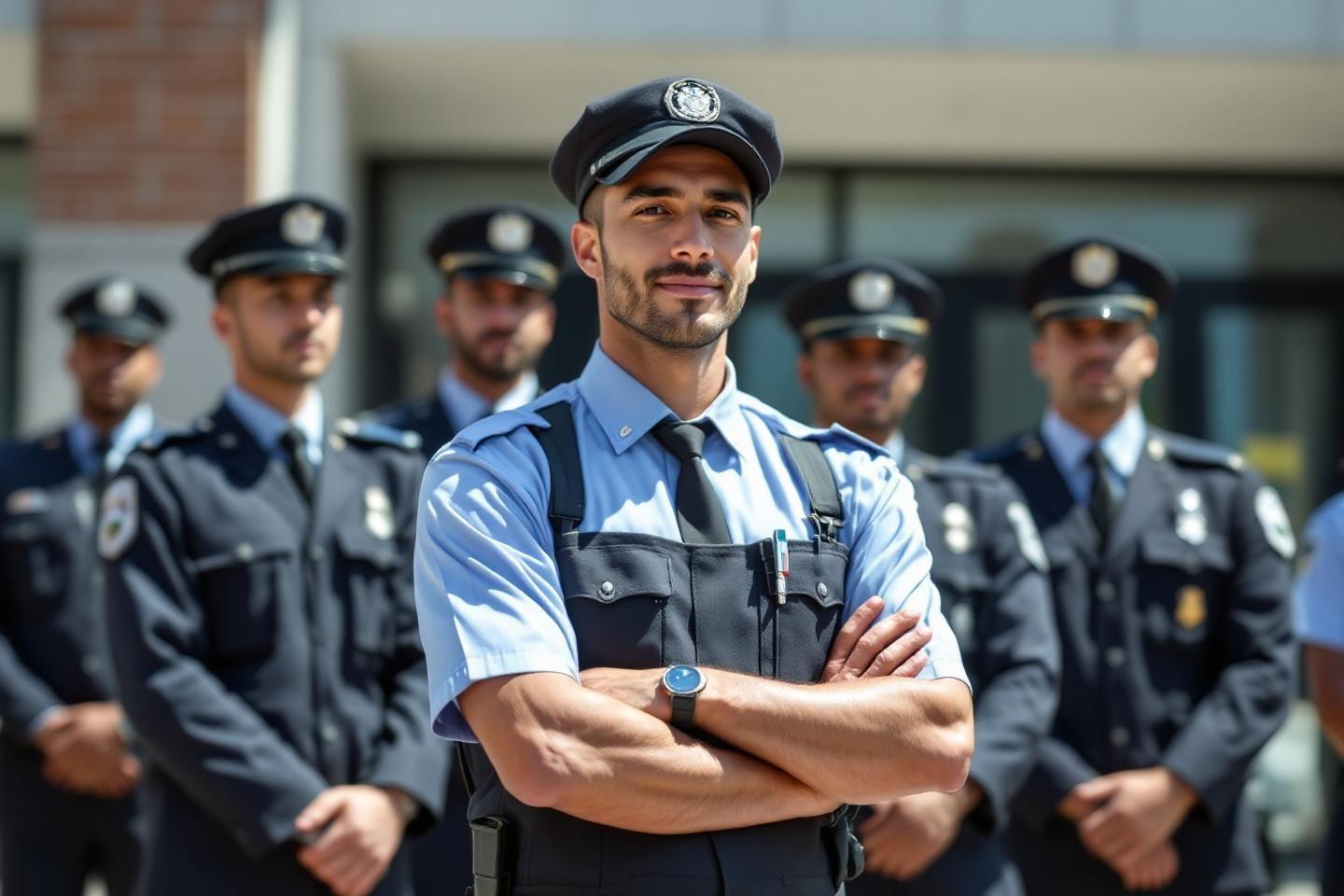 Groupe de policiers en uniforme, focus sur un officier