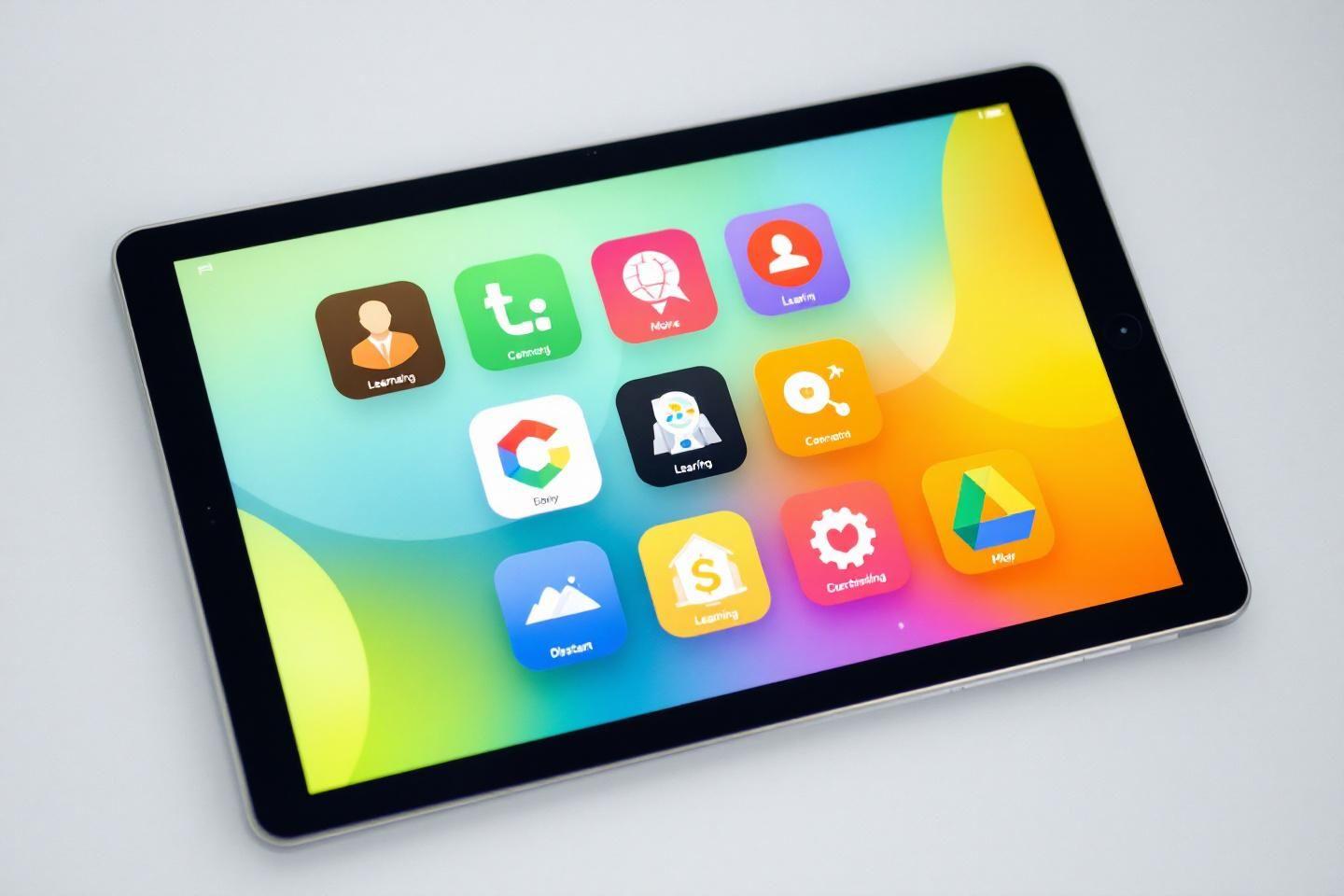 Tablette affichant une grille d'applications colorées d'apprentissage