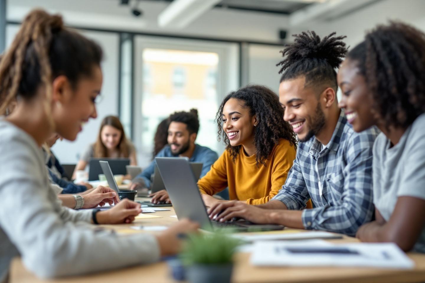 Jeunes professionnels souriants réunis autour d'ordinateurs portables