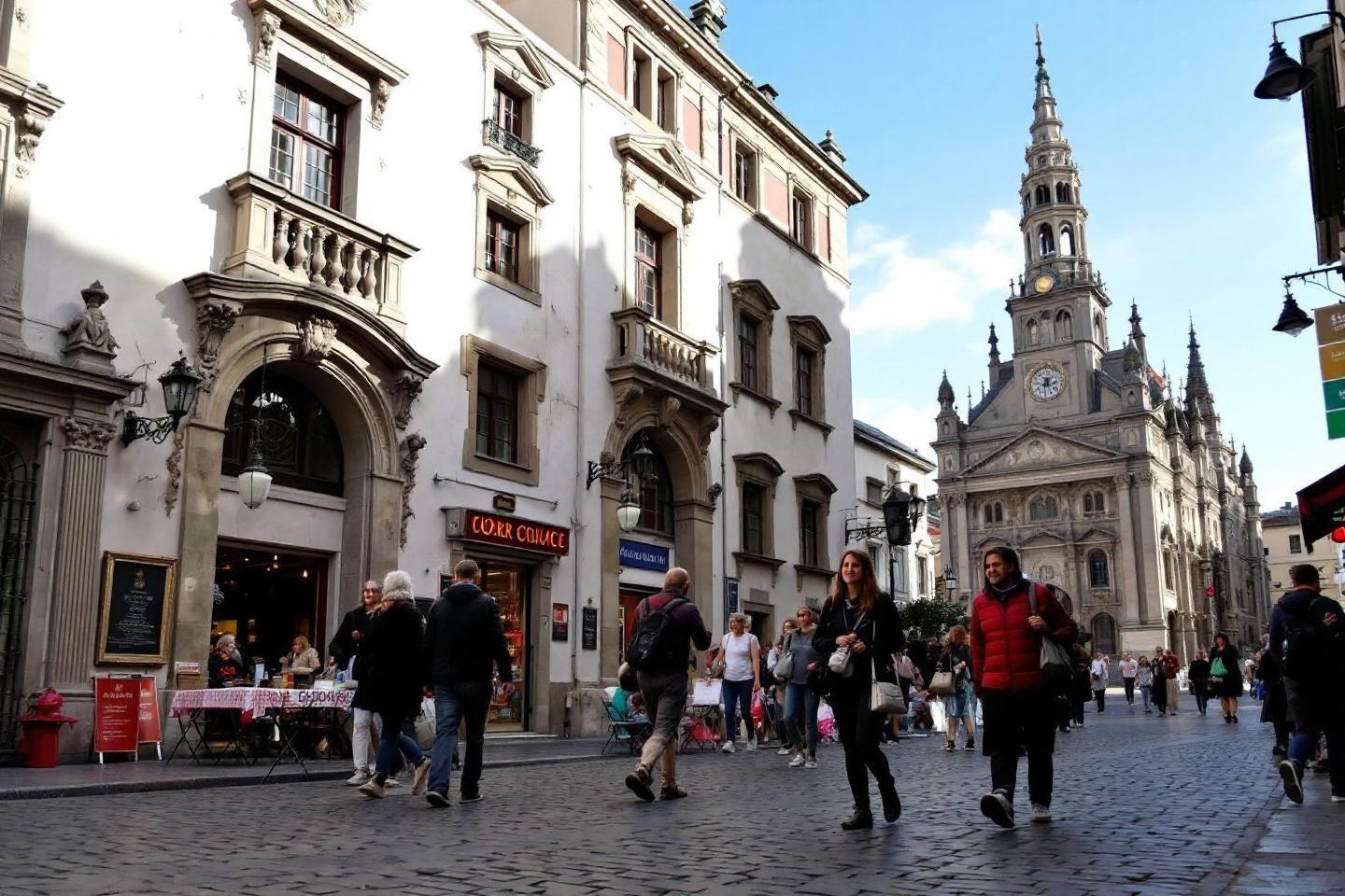 Centre-ville animé avec architecture baroque et église en arrière-plan