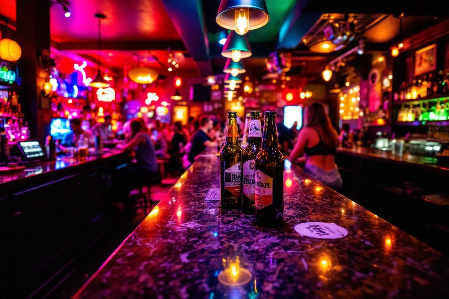 Bouteilles de bière sur un comptoir de bar lumineux et vibrant