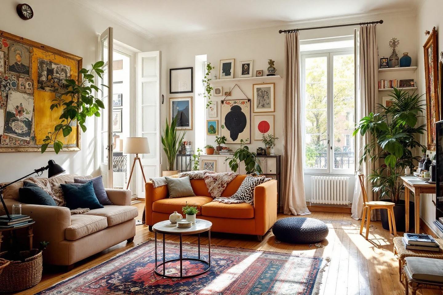 Int&eacute;rieur chaleureux avec canap&eacute;s orange et orange, et plantes