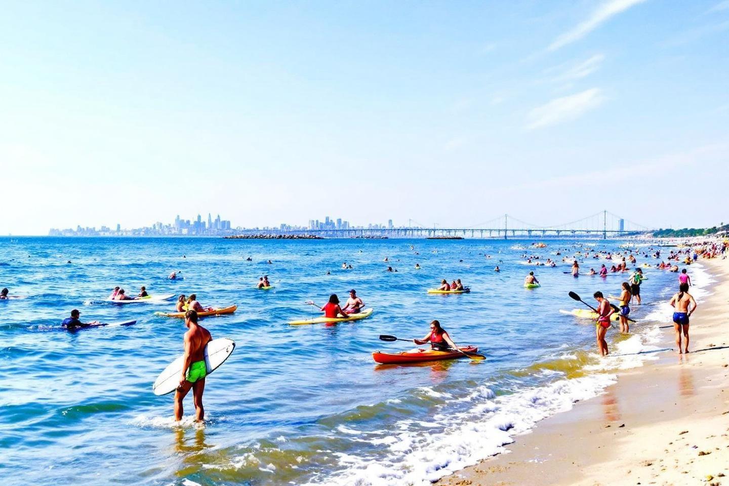Plage anim&eacute;e avec baigneurs, kayaks et surfeur par temps clair