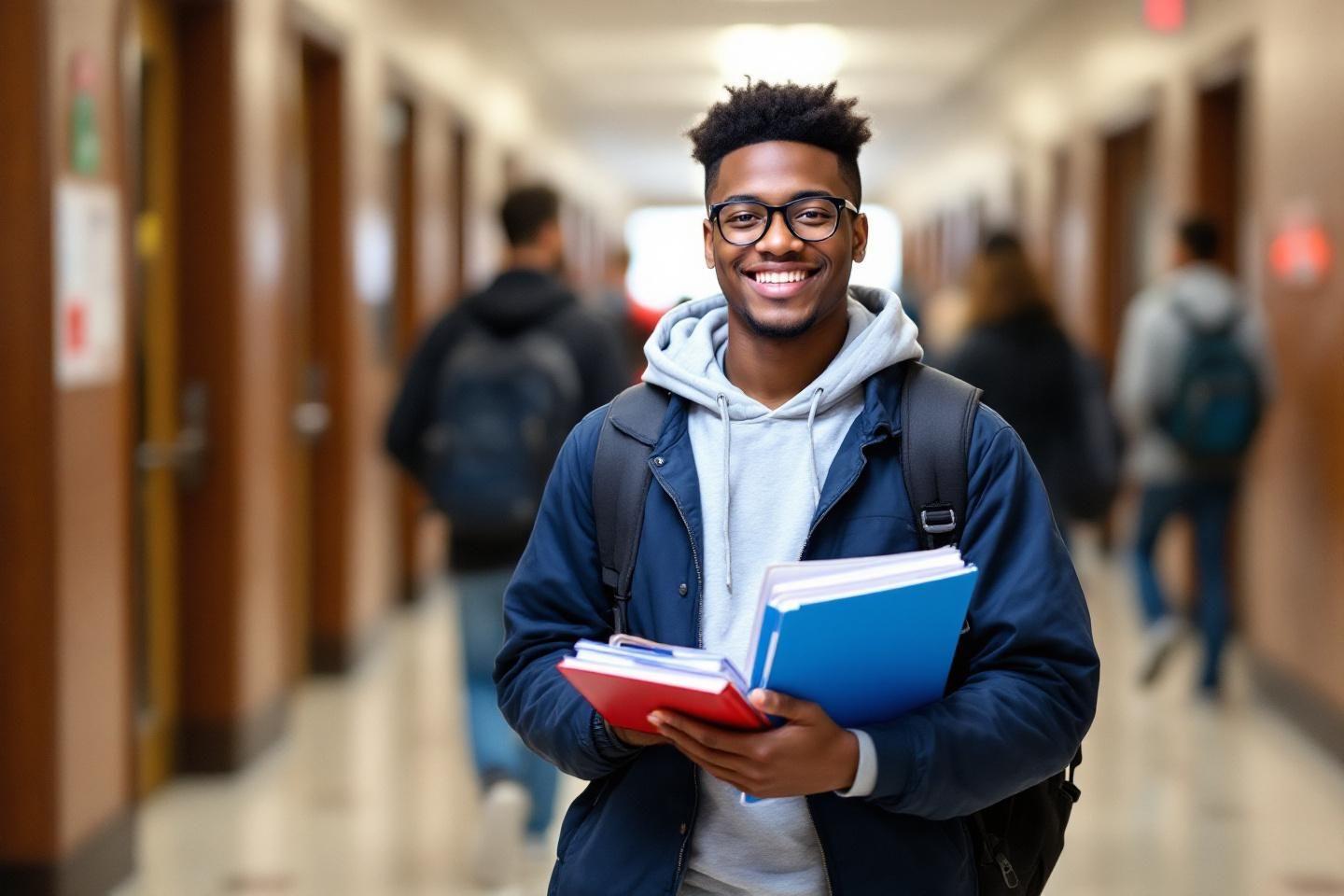 Jeune homme heureux tenant des livres dans un couloir d'&eacute;cole