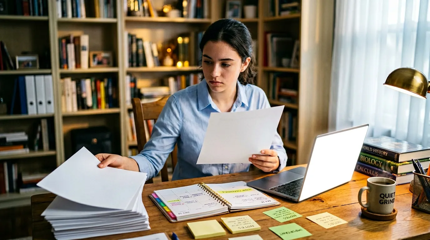 Jeune femme étudiant avec papiers et ordinateur portable