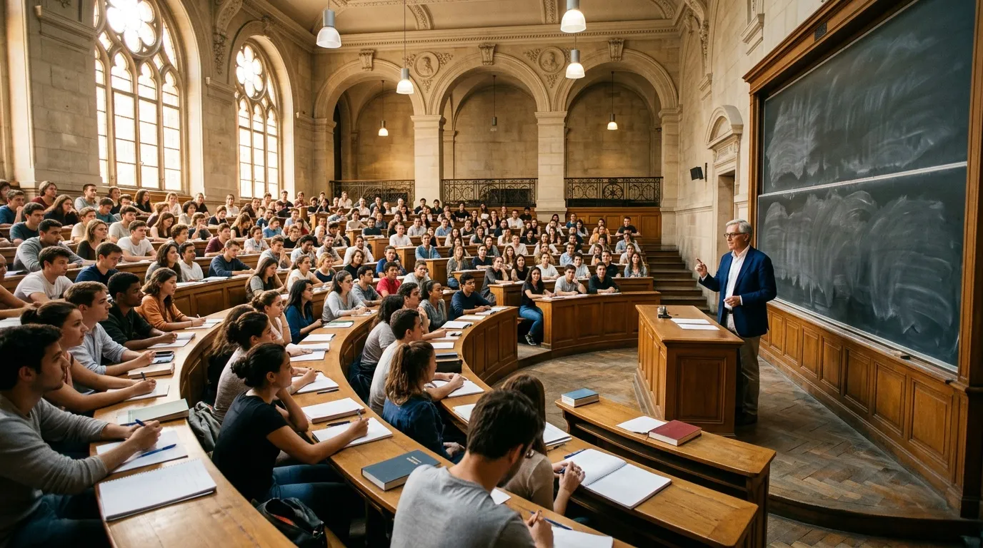 Professeur enseignant à des centaines d'étudiants dans un grand amphithéâtre