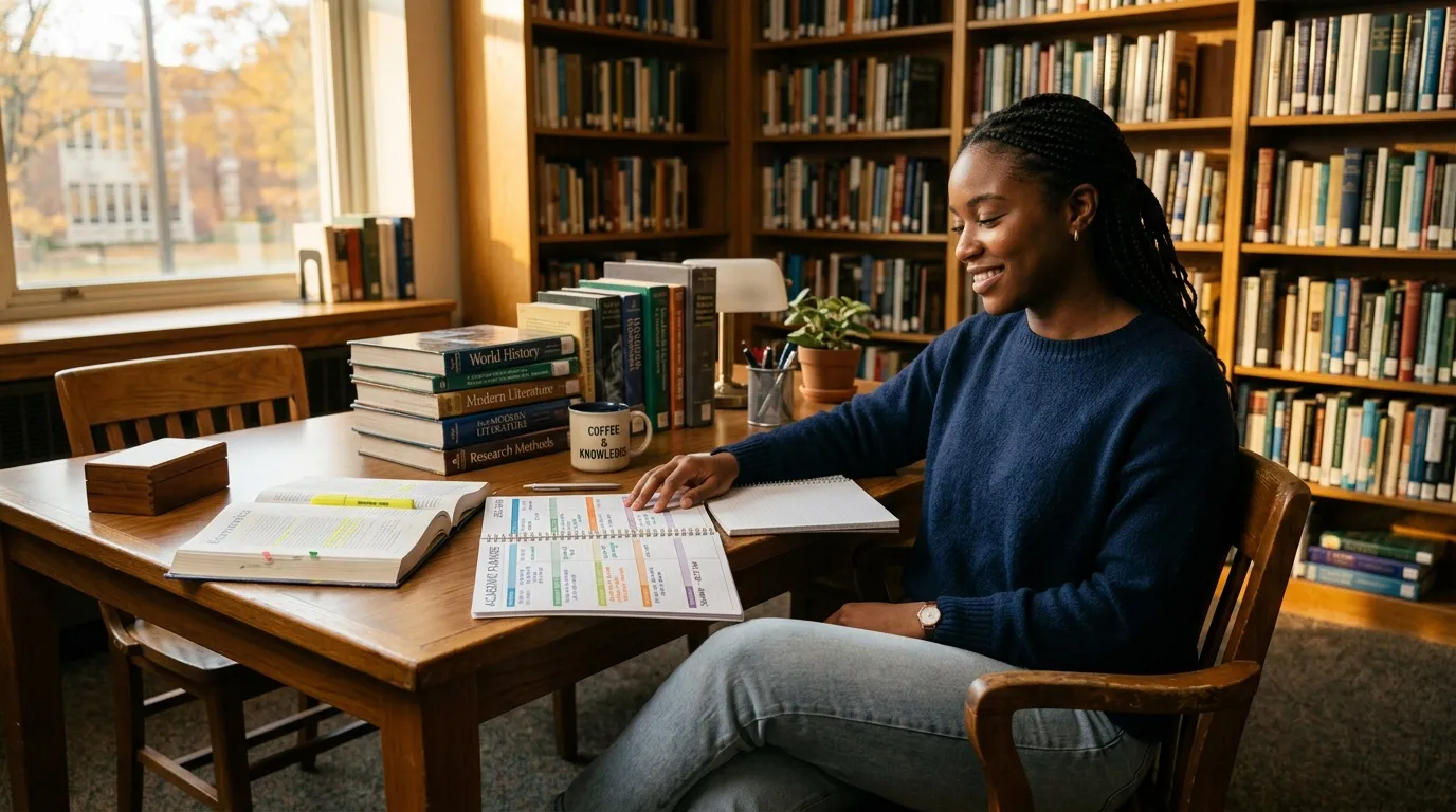 Jeune femme &eacute;tudie &agrave; une table dans une biblioth&egrave;que