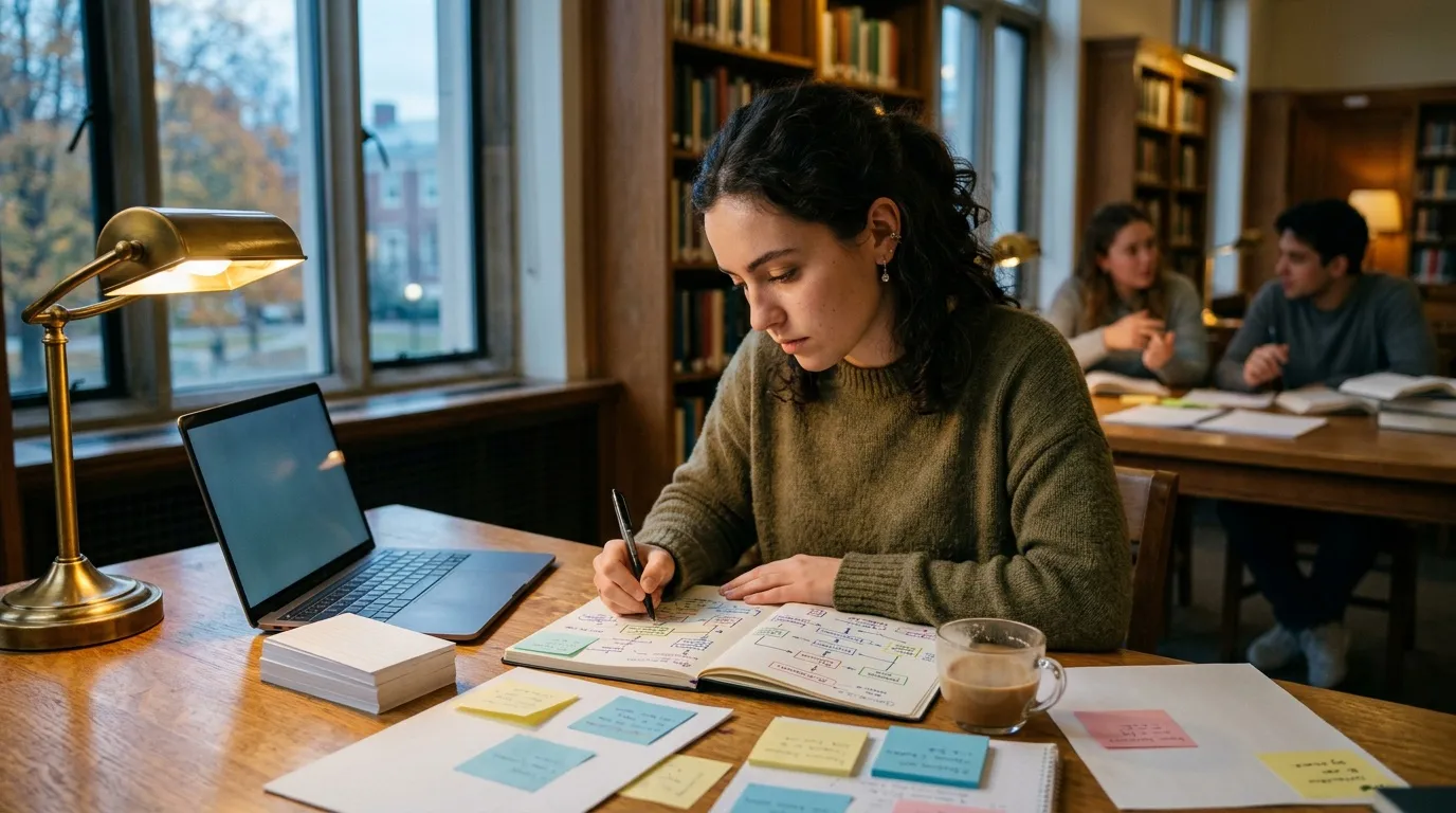 Femme &eacute;crivant dans un carnet en biblioth&egrave;que avec ordinateur