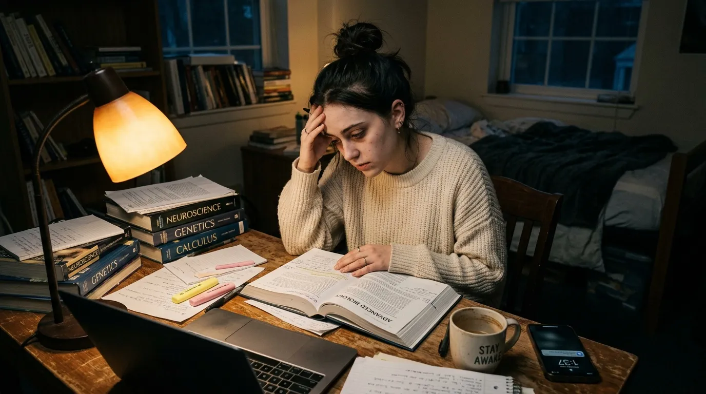 Jeune femme étudiant à son bureau avec des livres scientifiques