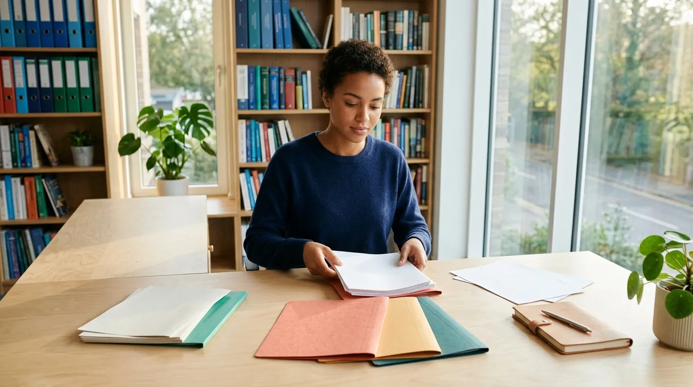 Jeune femme lisant un cahier à une table de bibliothèque