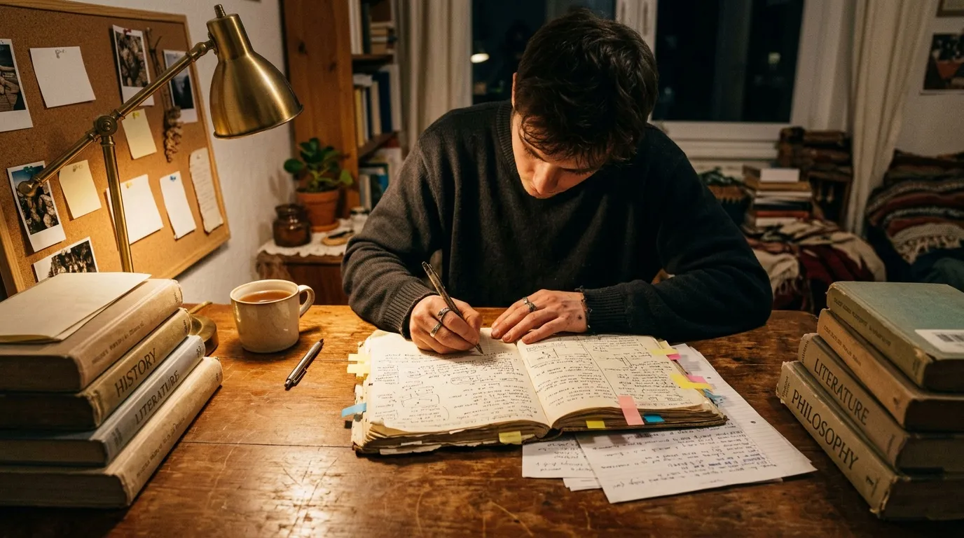Personne écrivant dans un cahier entourée de livres et café