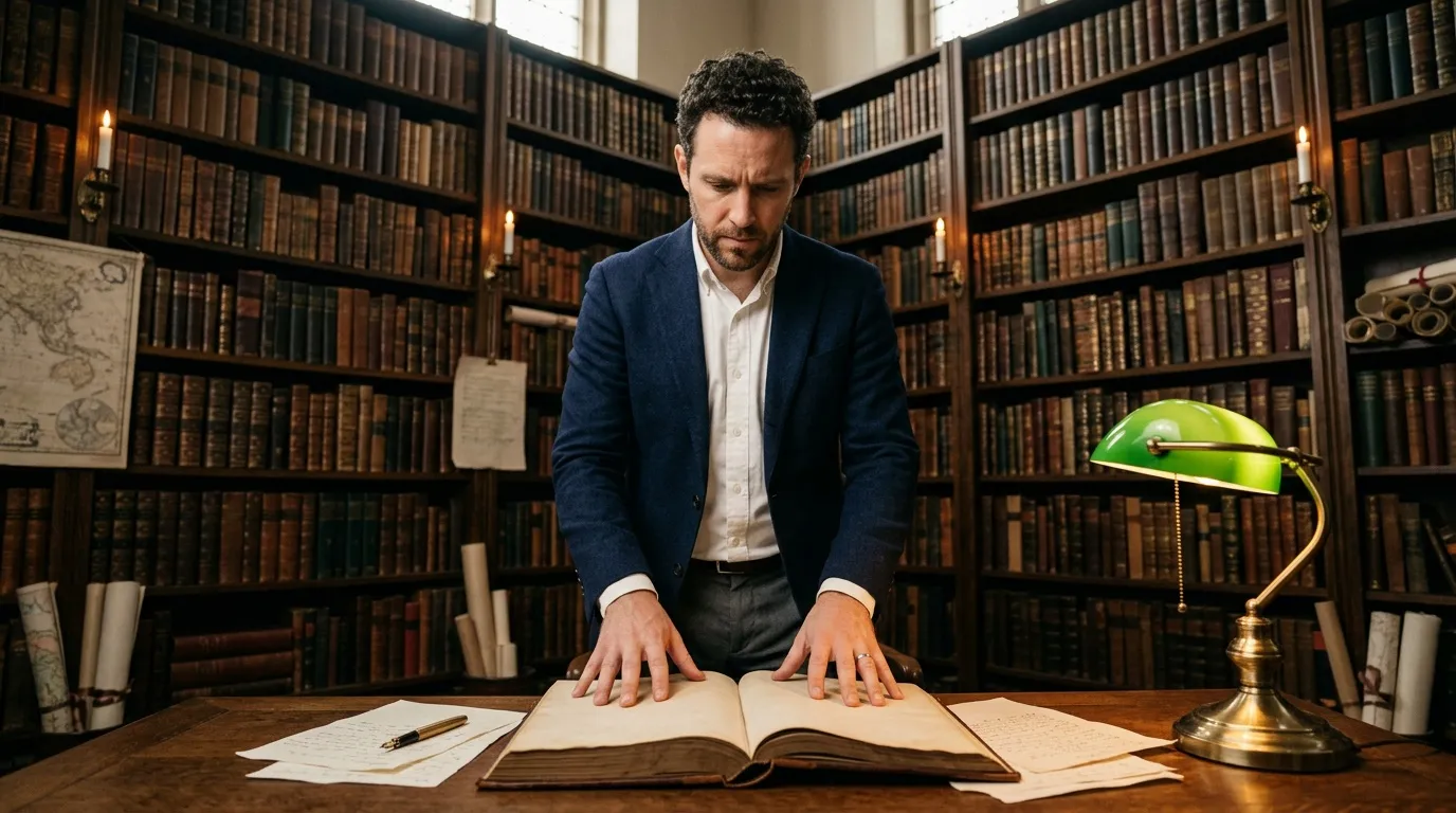 Homme étudiant un livre ancien en bibliothèque