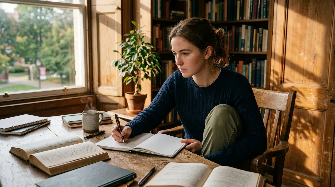 Femme écrivant à un bureau dans une bibliothèque ensoleillée