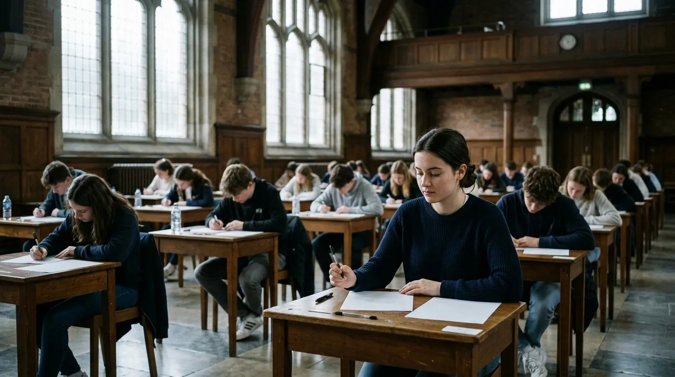 &Eacute;tudiants concentr&eacute;s &eacute;crivant lors d'un examen en classe